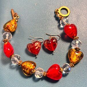 Murano Style Art Glass Heart BraceletEarrings Set Red Gold Foil Venetian Jewelry